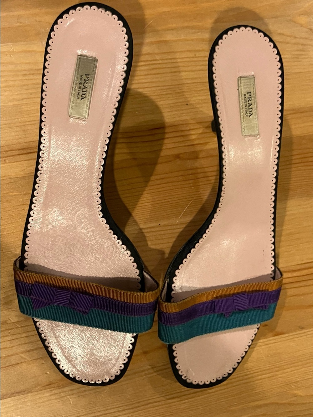 EUC Prada Vero Cuoio Leather Slide Sandals with Teal, Purple & Gold Trim Size 37 - Picture 3 of 10
